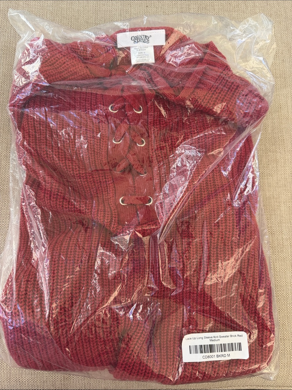 Country Store Lace-Up Knit Long Sleeve Sweater - Brick Red